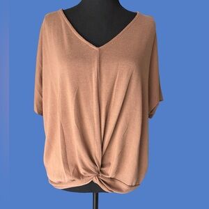 Twist-Front V-Neck Short Sleeve Top - Tan